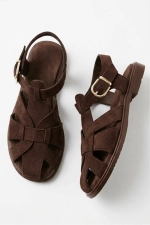 Women Brown Suede Cage Sandals Elegant Strappy Block Heel Shoes Photograph-3